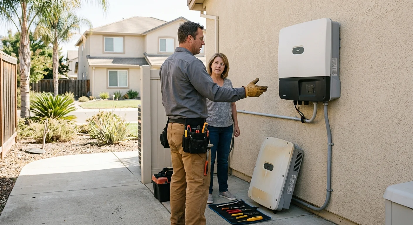 Failed string inverter replaced on a residential exterior wall in Stockton