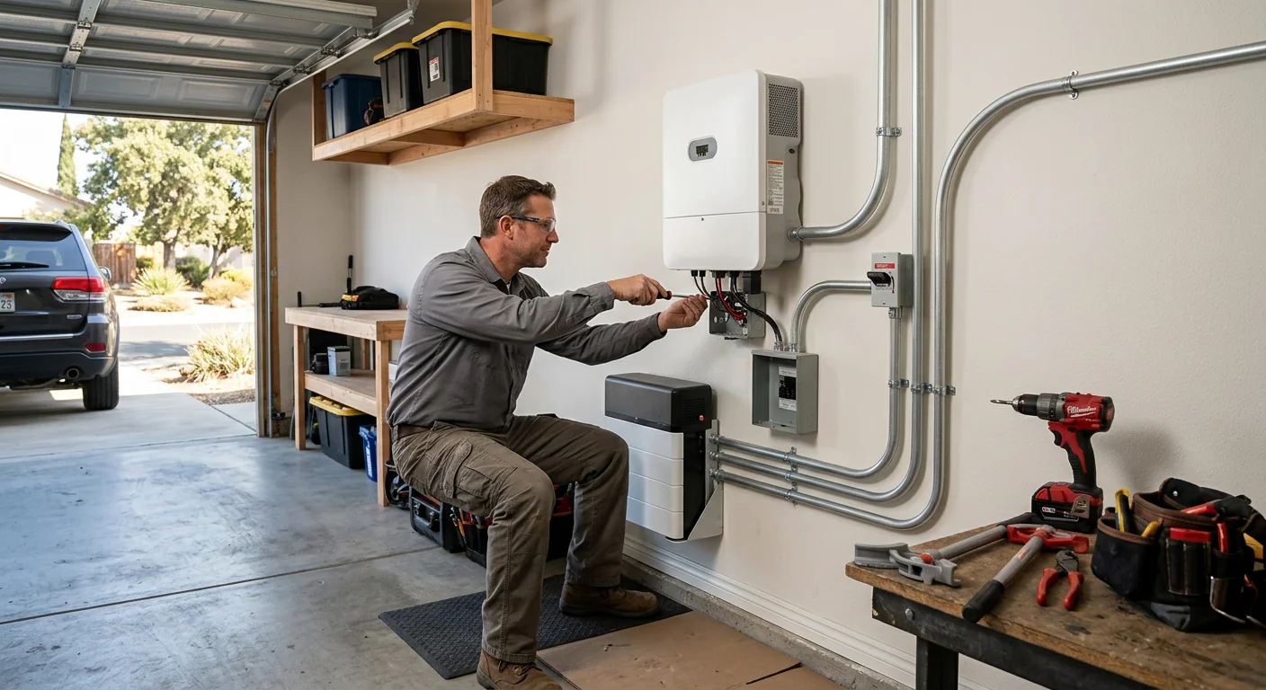 Battery-ready hybrid inverter mounted with clean conduit runs on a home garage wall