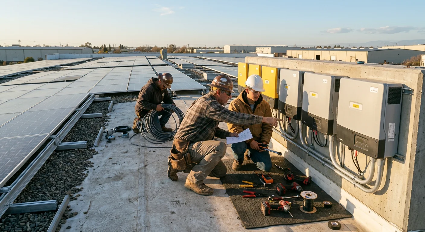 Wide shot of a commercial flat-roof solar array with new inverter equipment installed