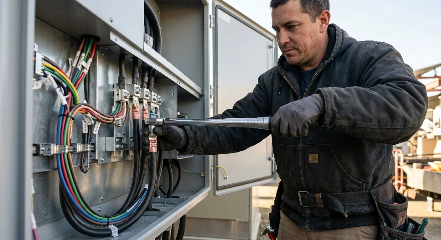 Close-up of torqued inverter connections and organized wiring during a Stockton cutover
