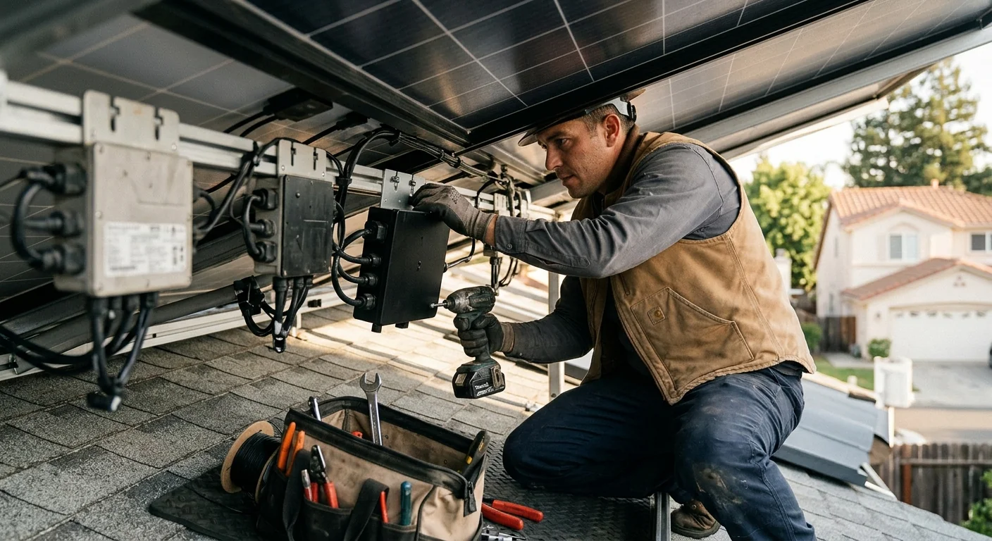 Microinverter upgrade in progress under panels on a suburban rooftop