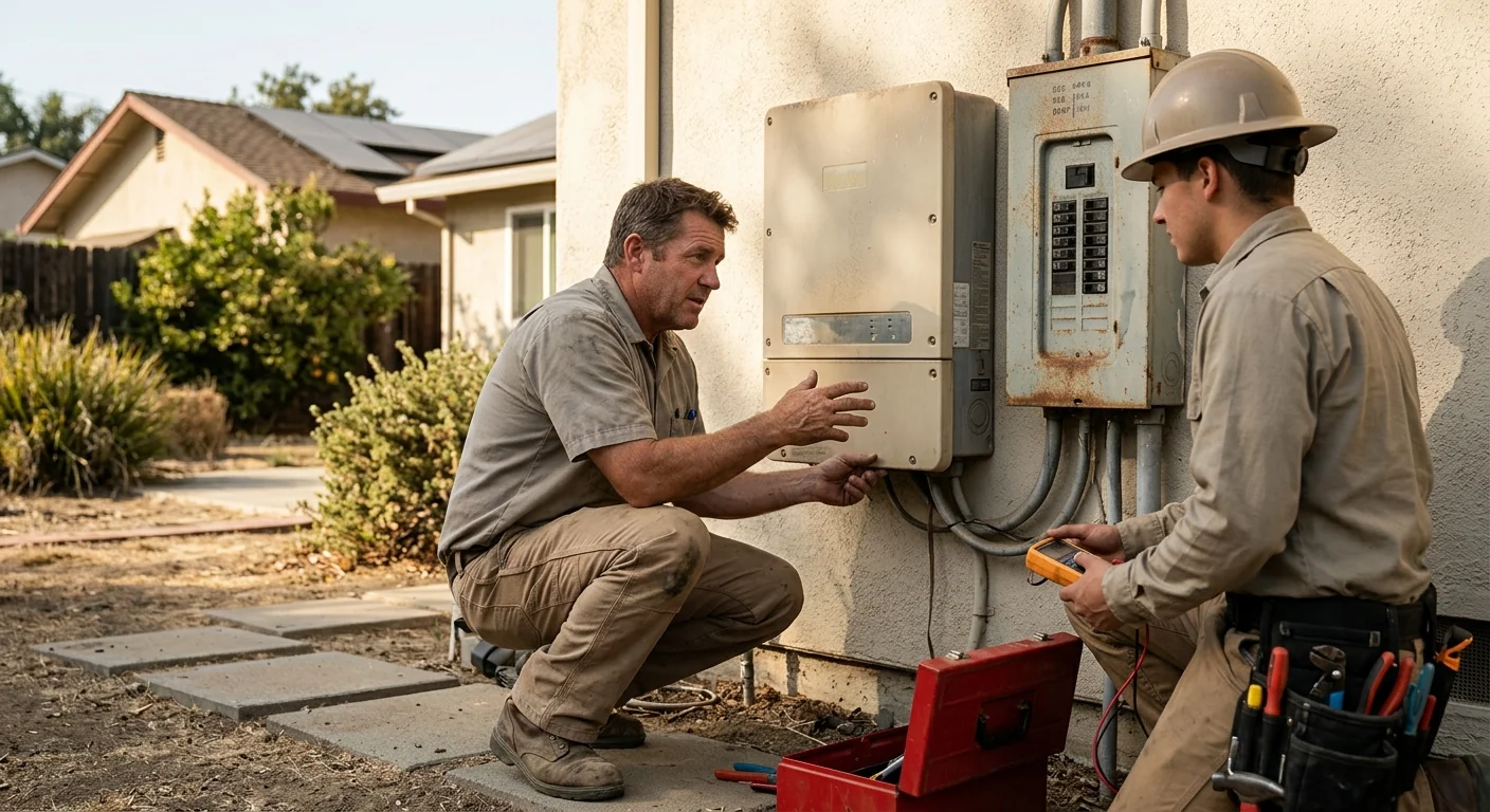 Old inverter and service panel before an upgrade at a Central Valley property