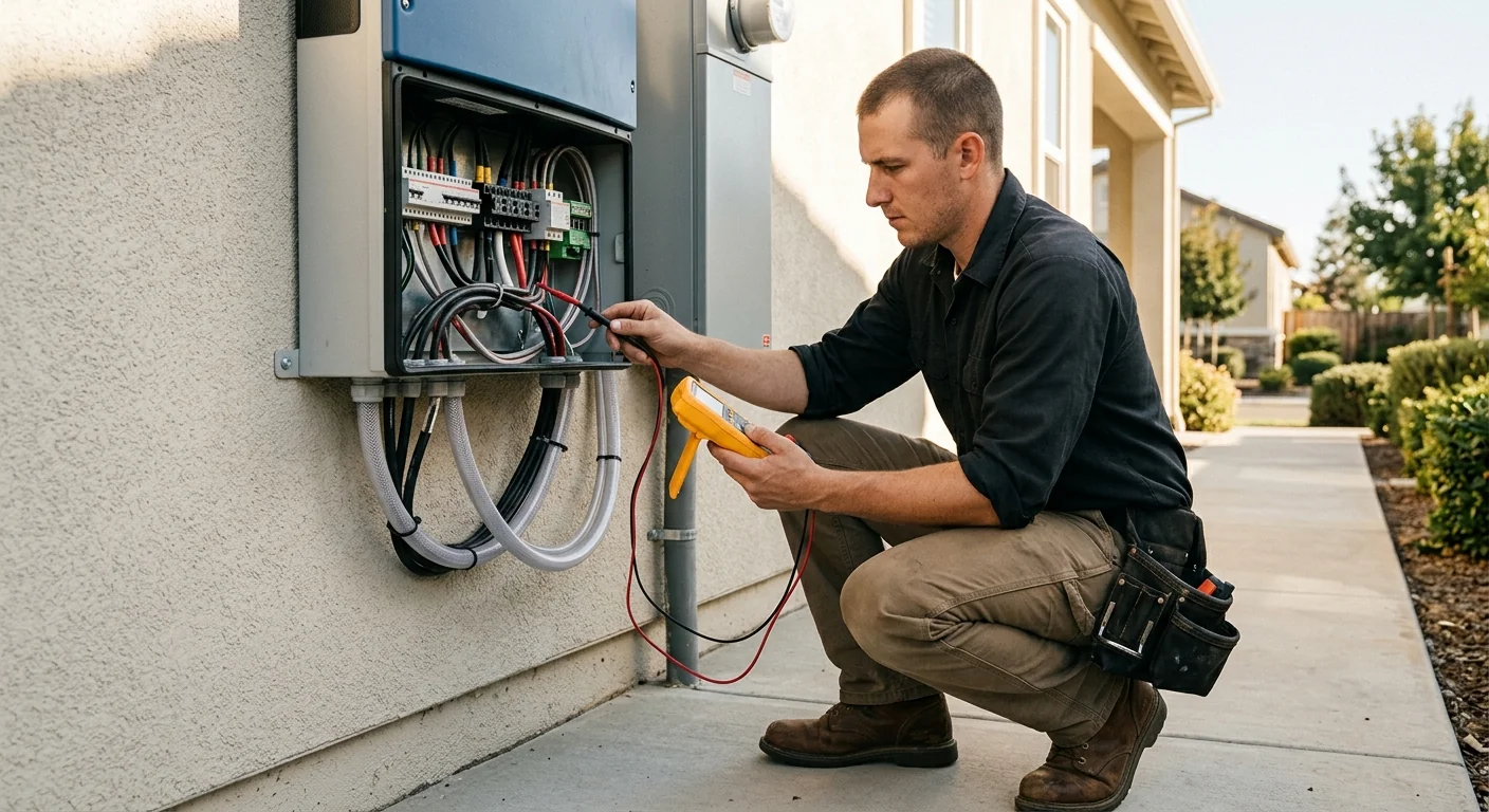 Technician verifying output on a newly installed solar inverter at a Stockton residence