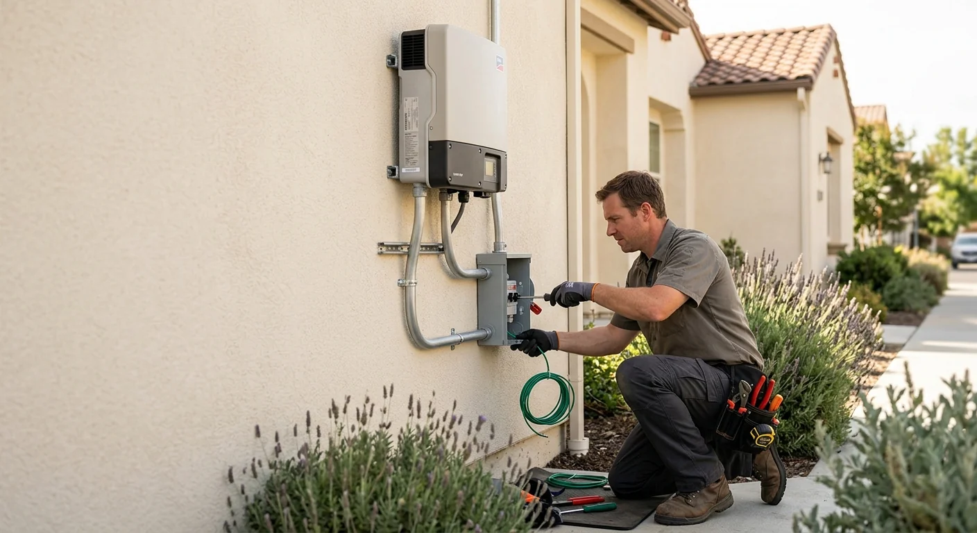 Finished inverter and disconnect neatly mounted on a clean exterior stucco wall