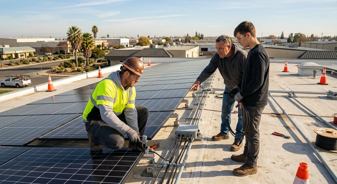 Large commercial solar array being installed on a Stockton business rooftop