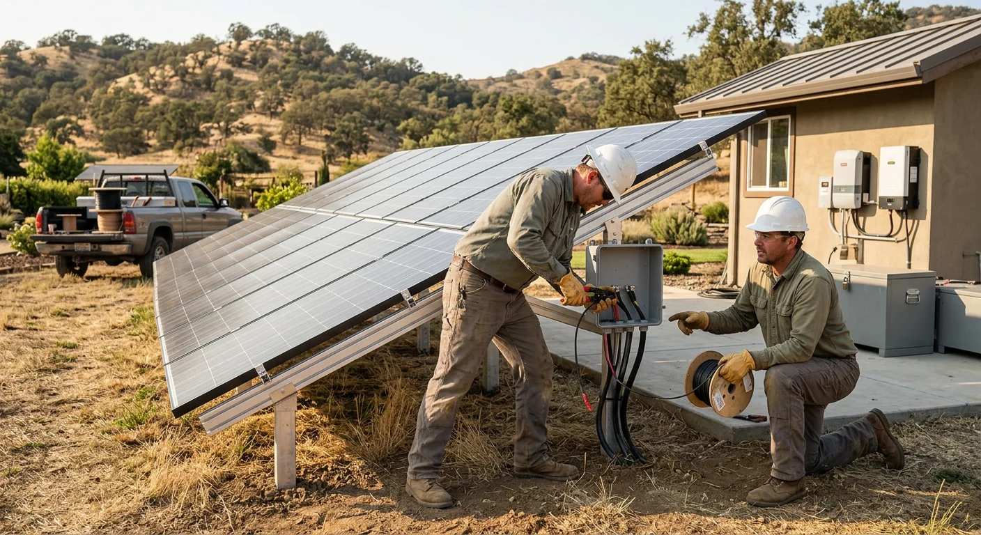 Technician wiring a solar battery storage unit inside a Stockton garage