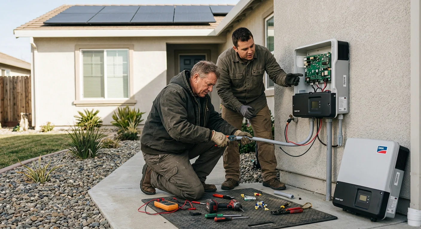 Worker inspecting and cleaning solar panels during a Stockton maintenance visit
