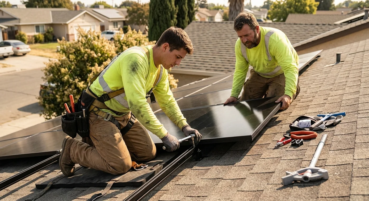 Solar installer reviewing rooftop panel layout and cost estimate on a Stockton home