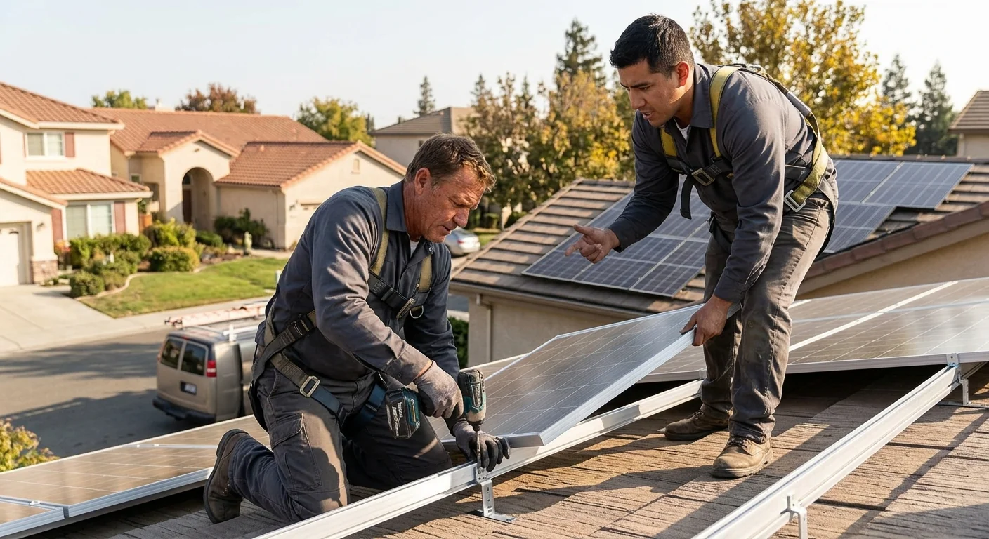 Solar crew reviewing rooftop panel layout with homeowner in Stockton during estimate visit