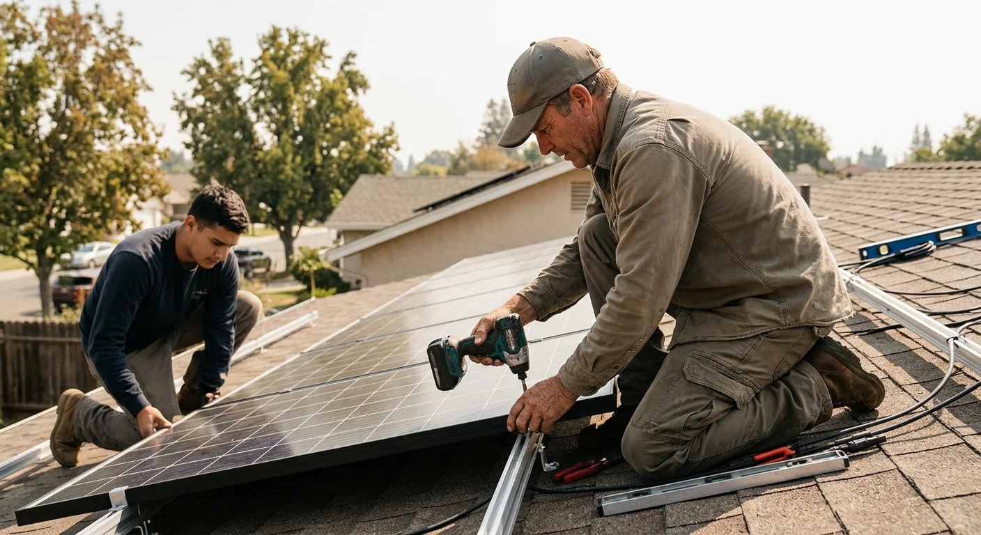 Solar installer reviewing rooftop panel array on a Stockton home