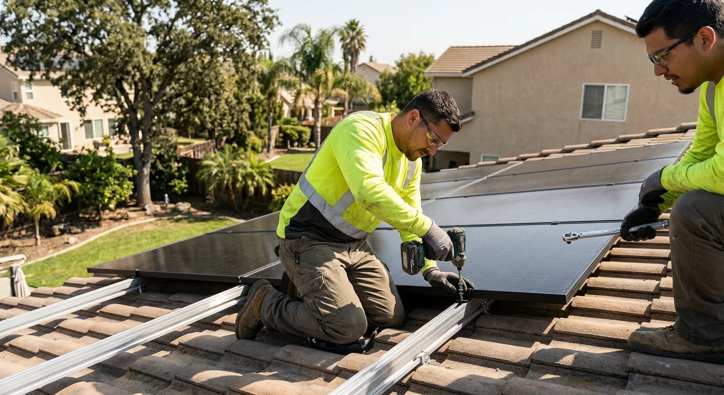 Technician inspecting dusty rooftop solar array under Stockton valley sun