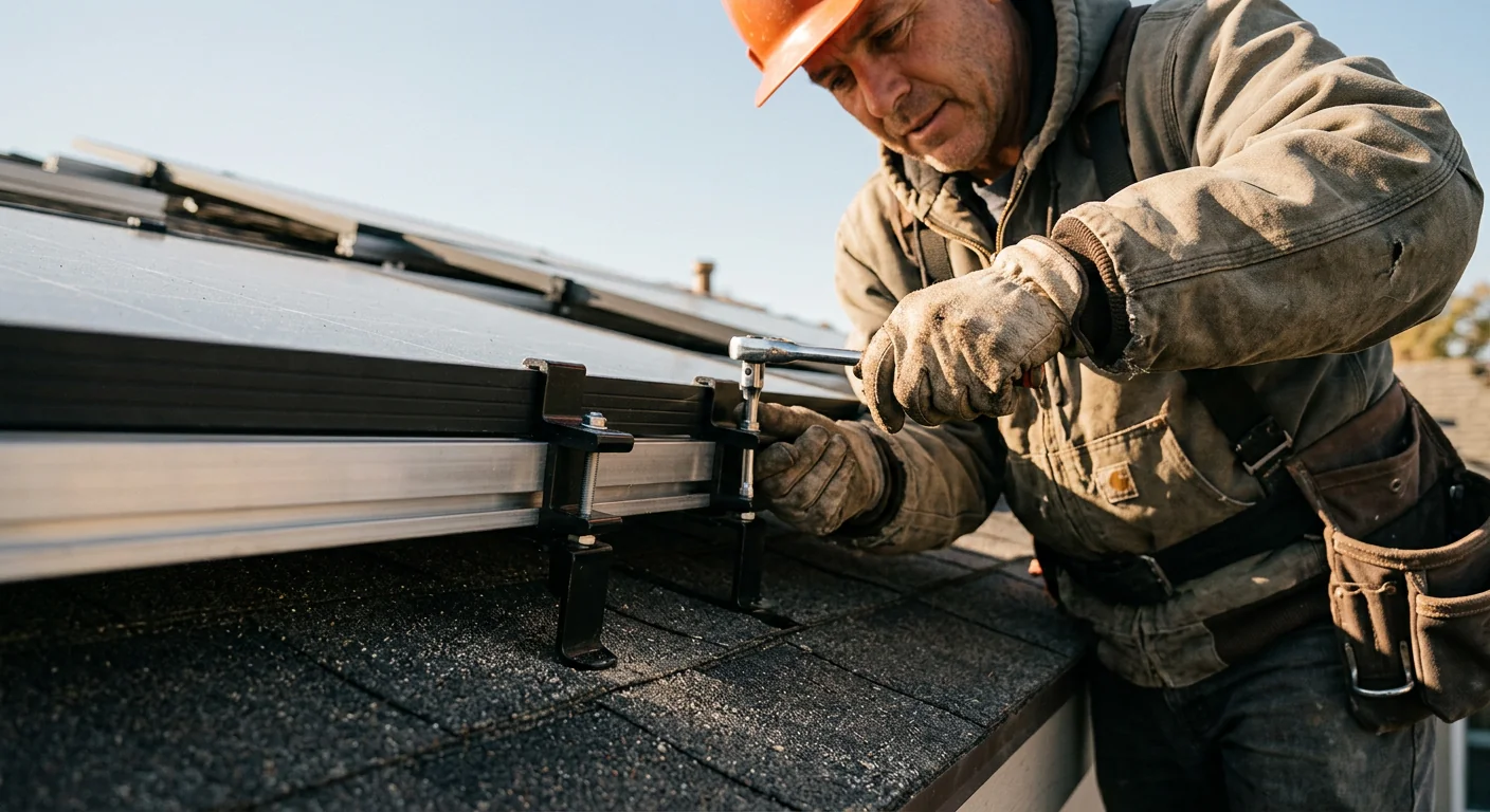 Close-up of solar panel clamps and racking secured on a residential rooftop