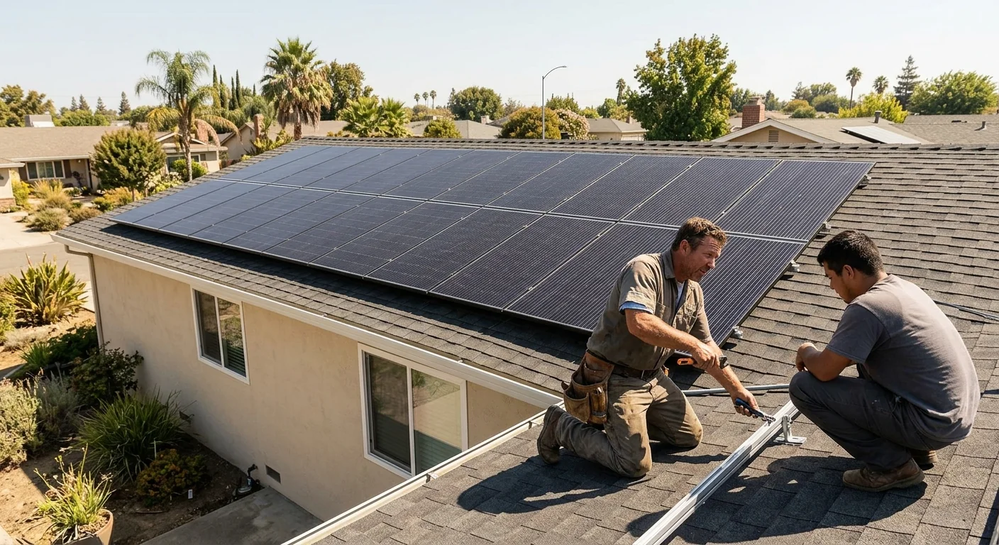 Wide view of a finished rooftop solar array on a Stockton home under clear sky
