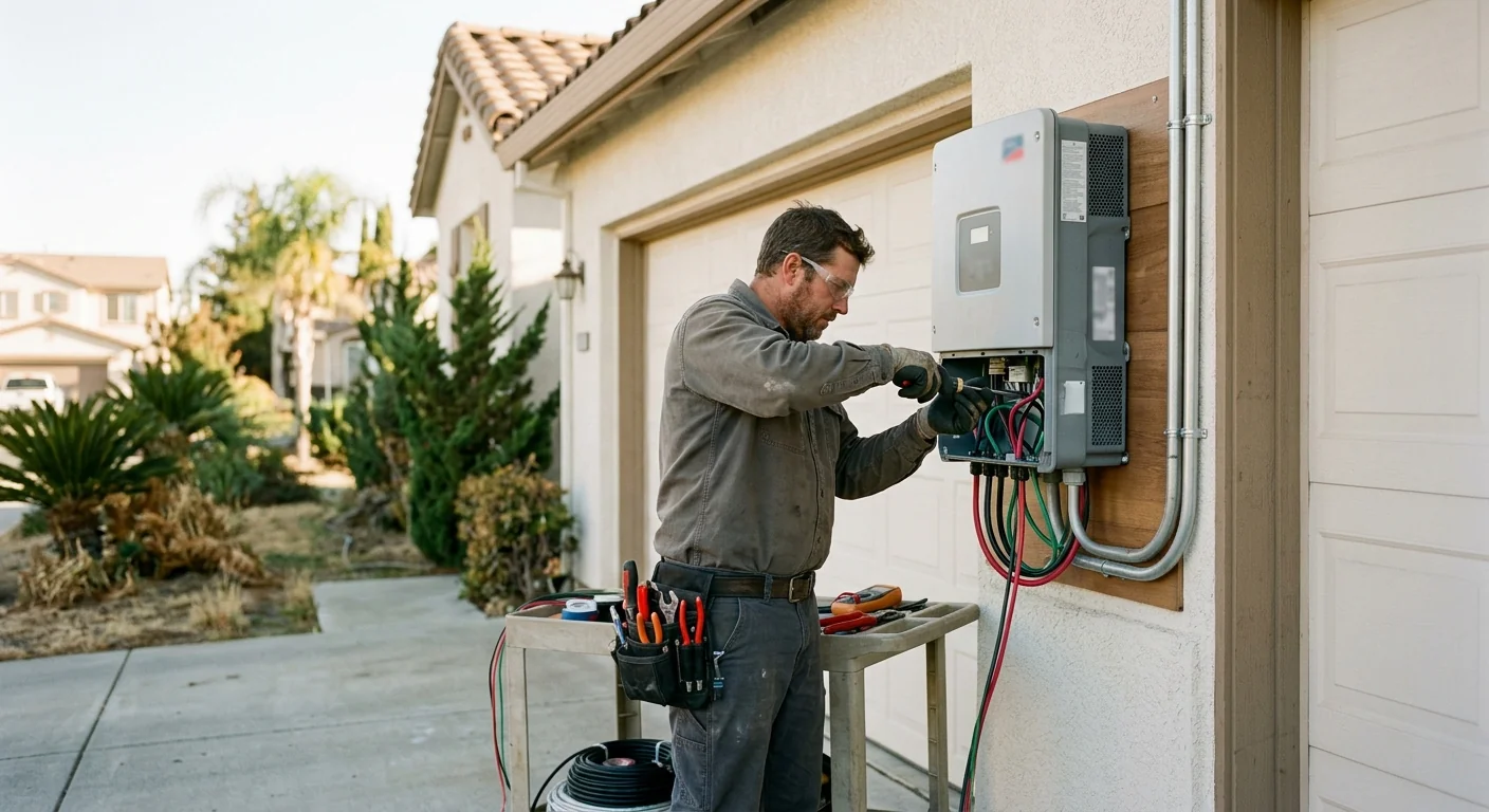 Installer wiring a solar inverter on an exterior garage wall