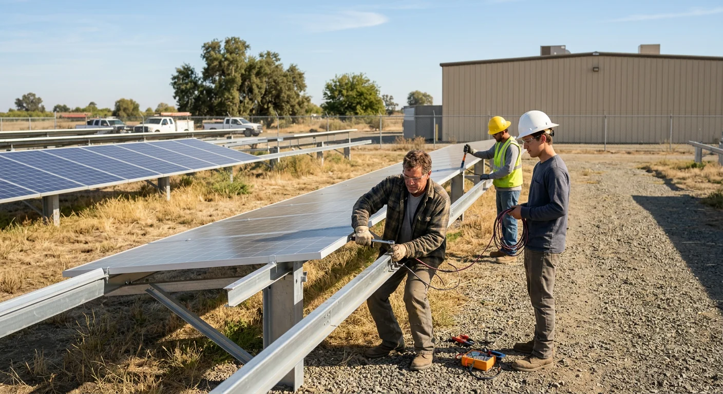 Ground-mounted commercial solar rows spanning an open lot