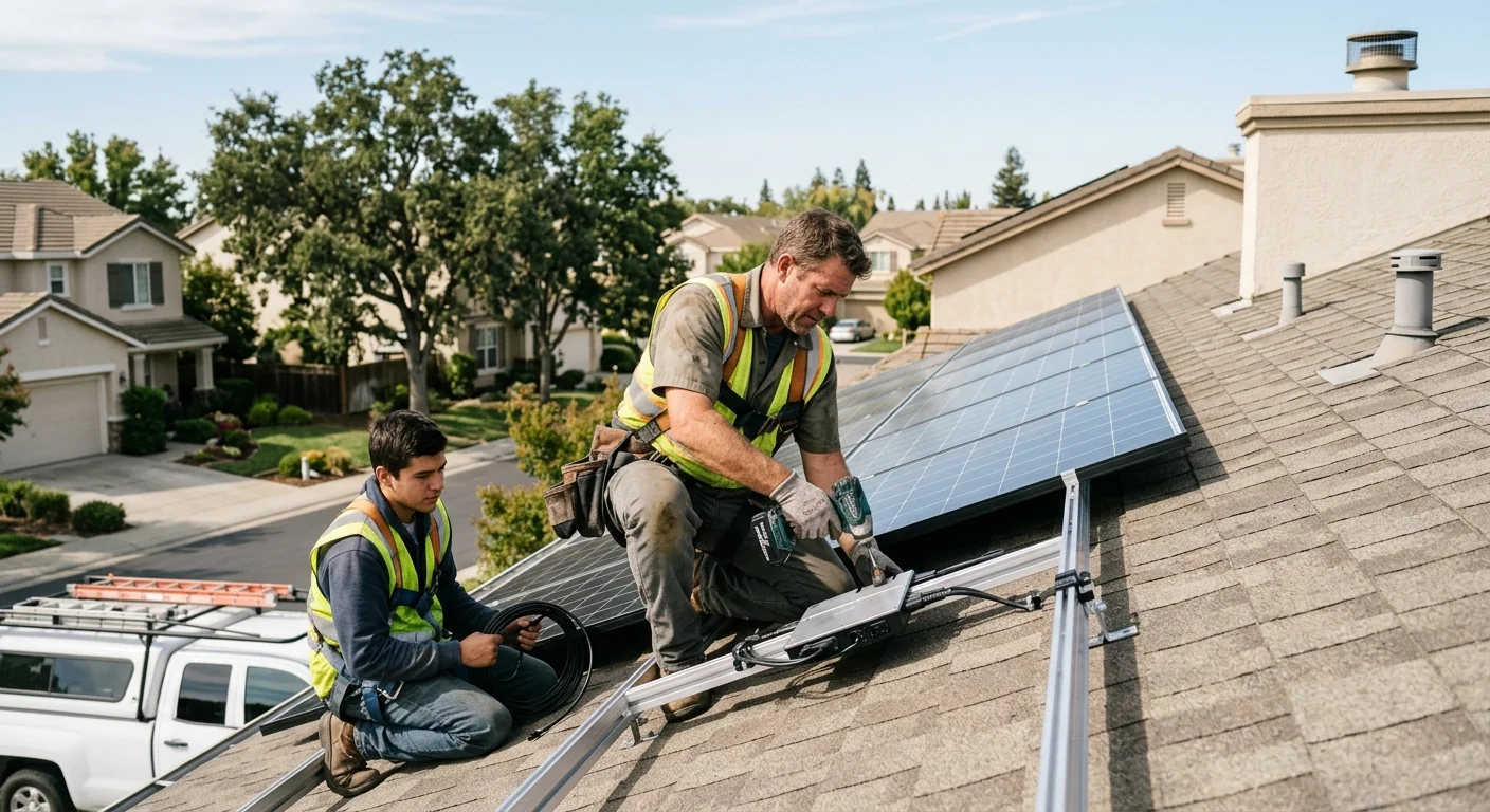 Technician checking torque on solar rail mounts before panel install