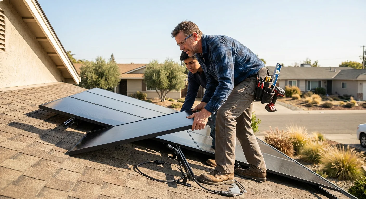 Solar crew setting roof anchors on a Stockton home