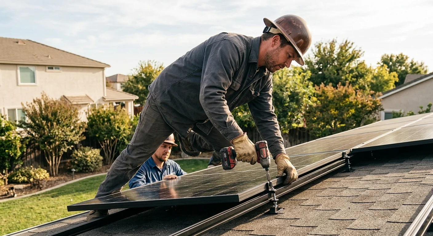Solar crew reviewing a finished rooftop install with a Stockton property owner