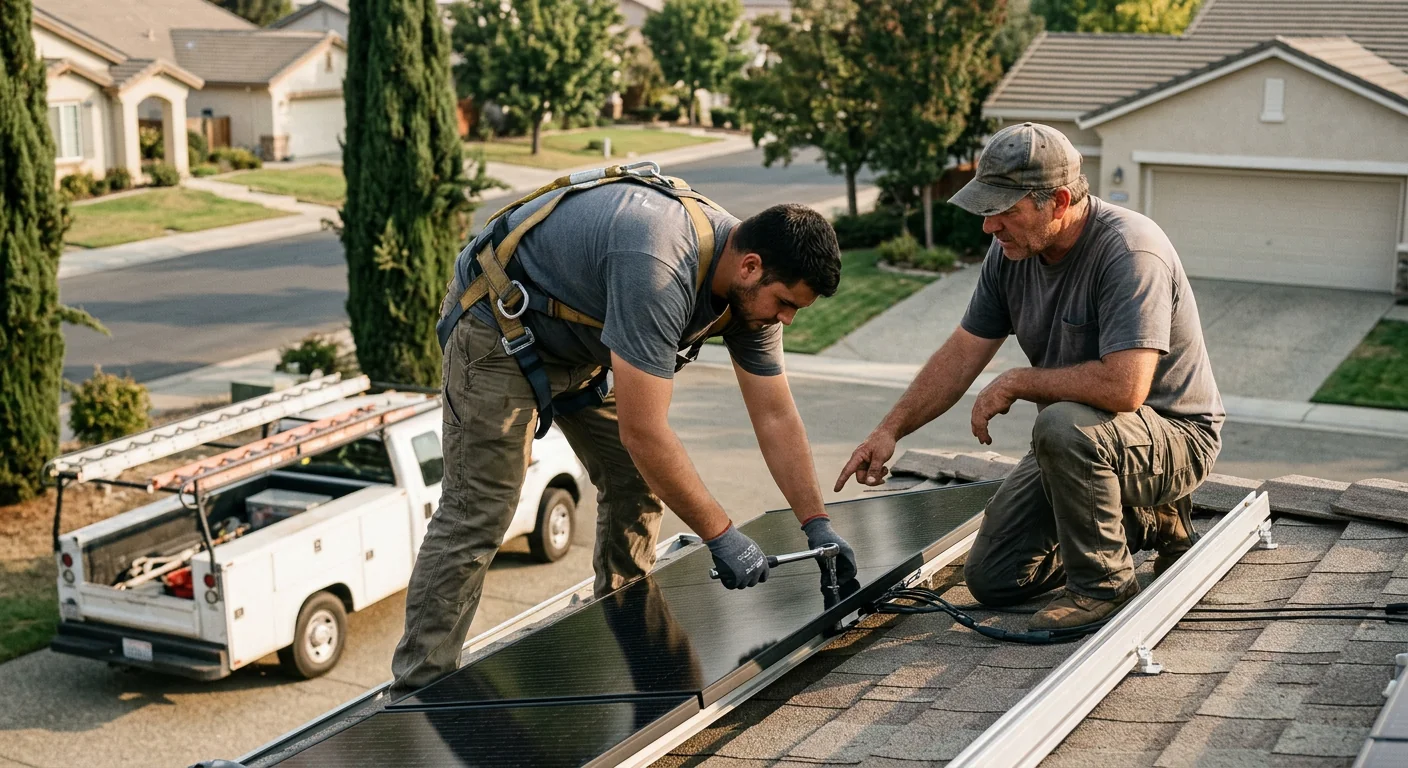 Technician inspecting rooftop solar array for repair estimate on a Stockton home
