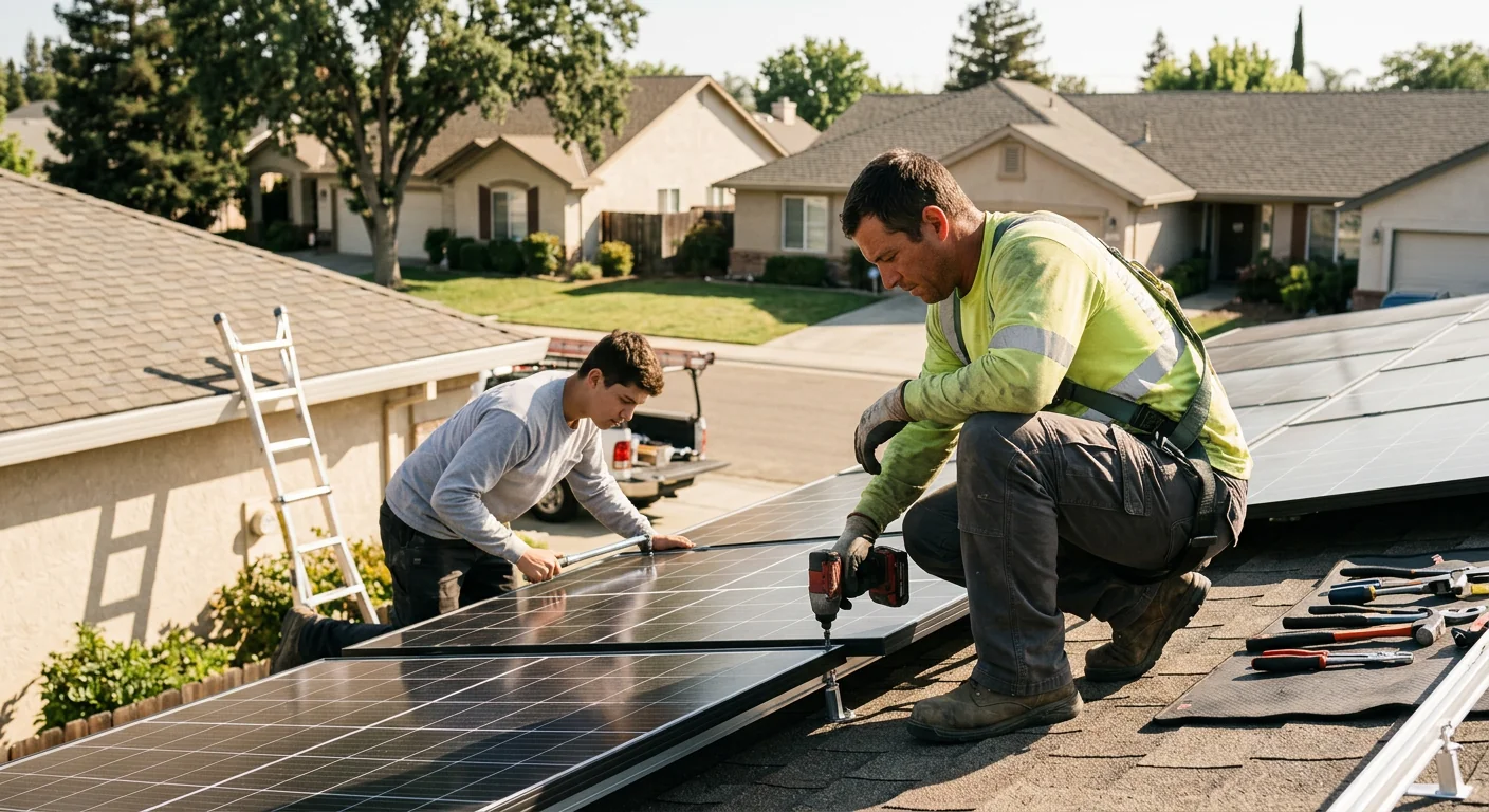 Solar technician inspecting rooftop panels during a maintenance service call in Stockton