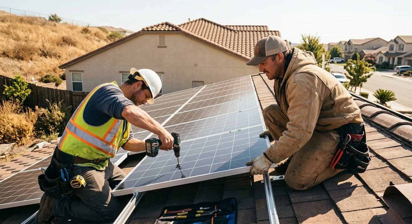 Technician inspecting rooftop solar array during maintenance service in Stockton
