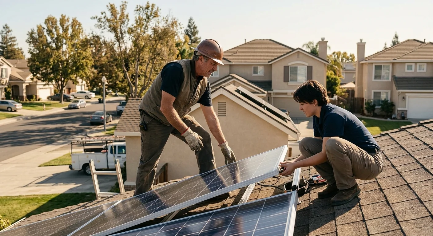 Technician washing dusty rooftop solar panels on a Stockton home