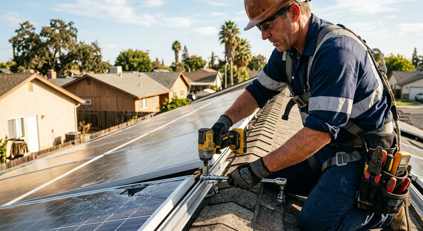 Close-up of technician replacing a cracked solar panel on a Stockton rooftop