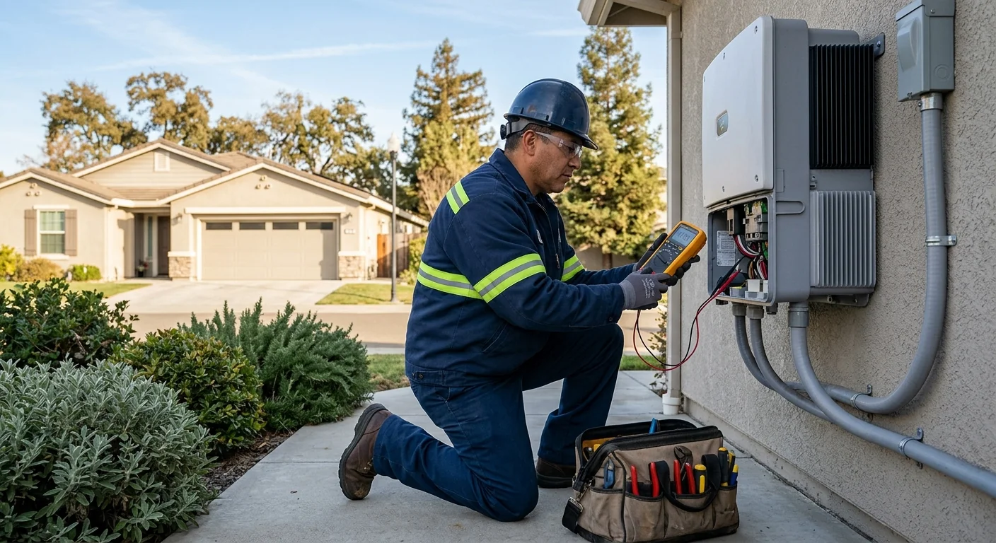 Worker diagnosing an inverter fault with a meter beside a garage-mounted unit