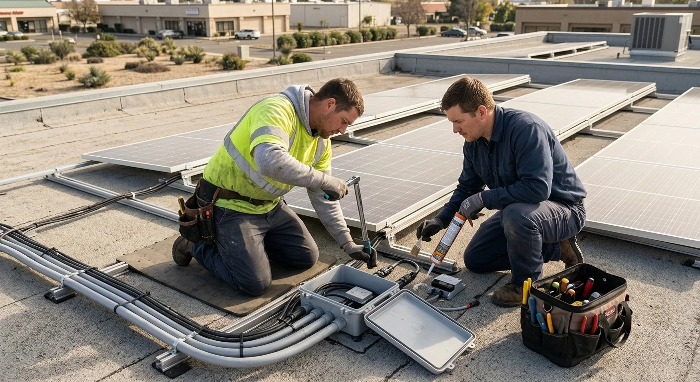 Crew resealing and torquing string wiring connectors on a commercial flat roof