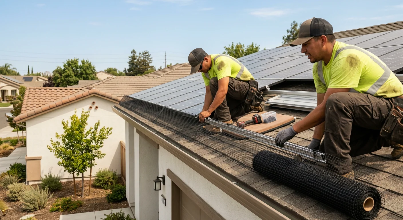 Bird abatement mesh installed under solar panels on a Stockton residential roof