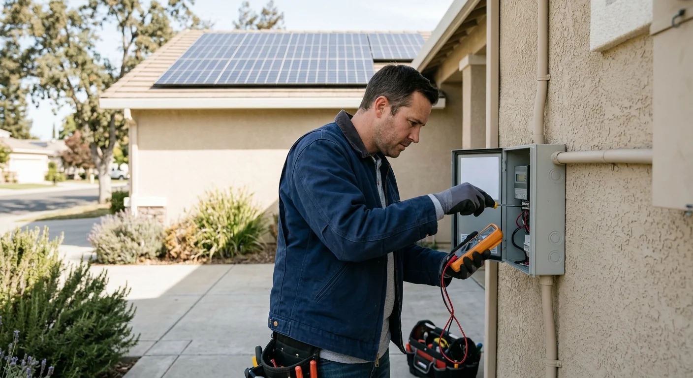 Technician recalibrating solar monitoring system on an exterior wall panel